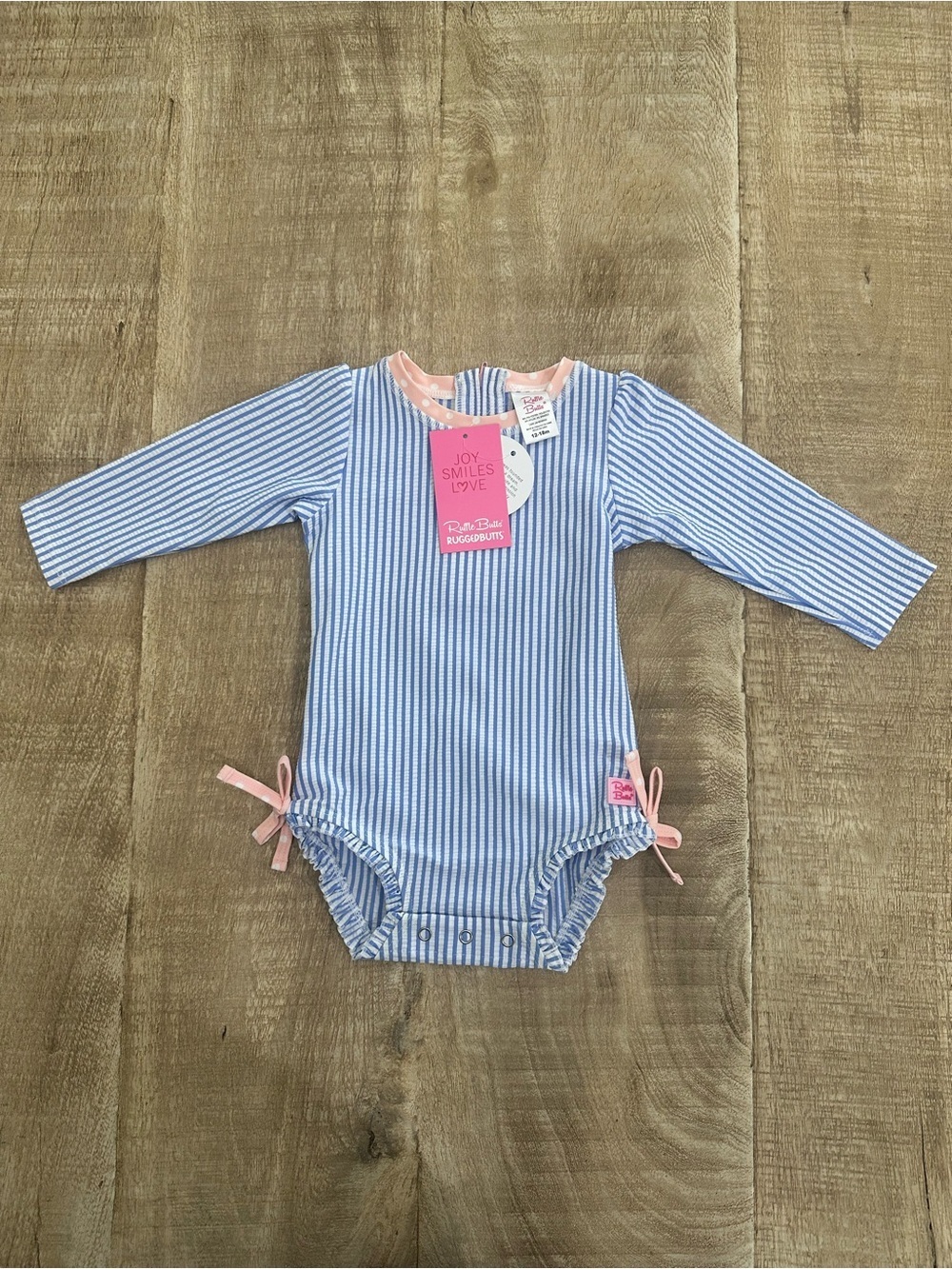 RuffleButts Blue Seersucker Rash Guard One Piece | 12–18M | UPF 50+